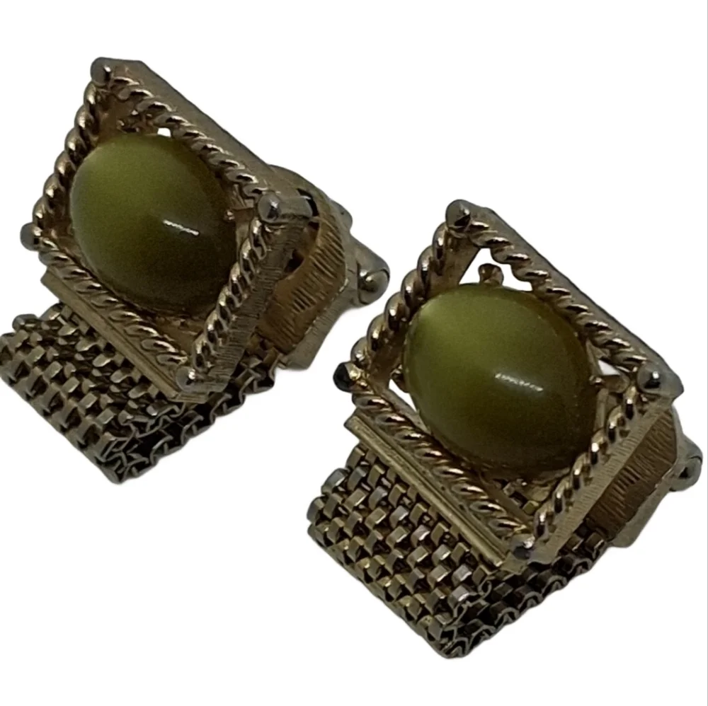 Swank Mid-Century Modern Mesh Wrap Cufflinks - Olive Green Cabochon